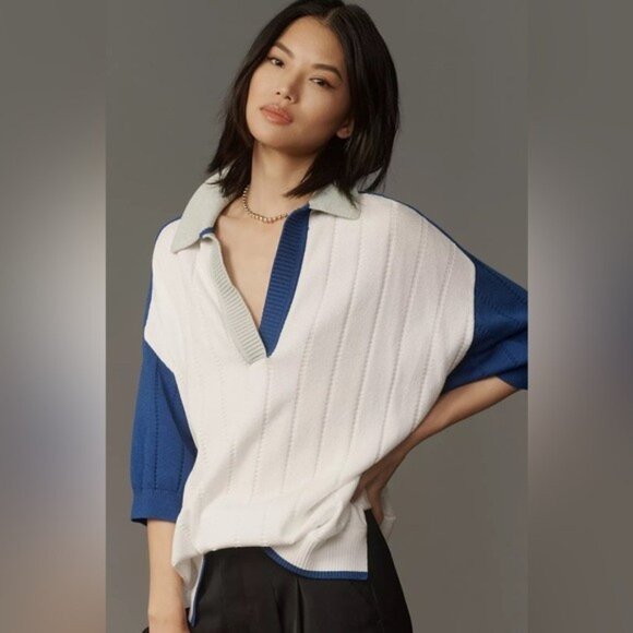NWT Size S (P2P 26") -Maeve Collared Cotton Rugby Sweater White (NWT US$ 128) - Picture 1 of 16